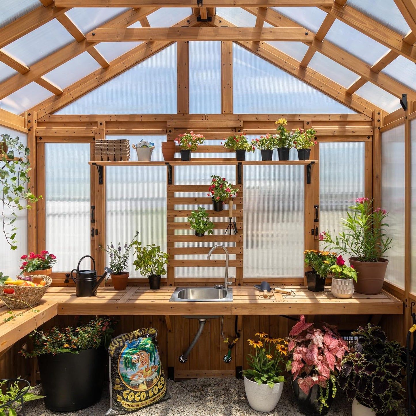 Backyard Discovery Savannah Chalet-Style 14.5' x 12' Cedar and Polycarbonate Walk-In Greenhouse Kit with Sink, Exhaust Fans, Windows, Hose Hook-Ups, PowerPort, Staging Shelves for Year-Round Gardening