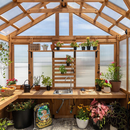 Backyard Discovery Savannah Chalet-Style 14.5' x 12' Cedar and Polycarbonate Walk-In Greenhouse Kit with Sink, Exhaust Fans, Windows, Hose Hook-Ups, PowerPort, Staging Shelves for Year-Round Gardening