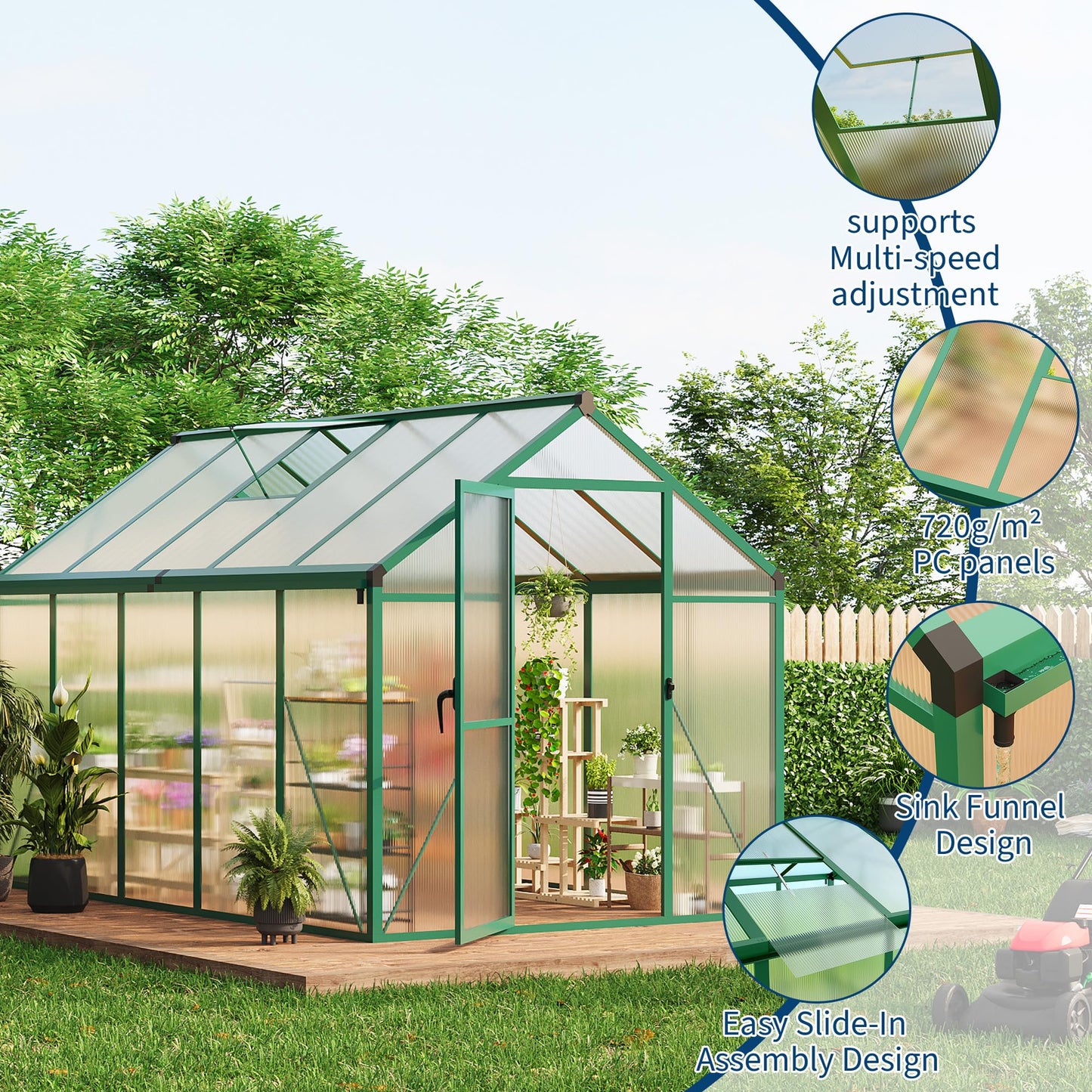 IDEALHOUSE 8×10 FT Greenhouse, Large Walk in Greenhouses for Outdoors and Garden Planting, Polycarbonate Greenhouse with Enhanced Aluminum Frame, Green Houses with Quick Setup Structure and Roof Vent