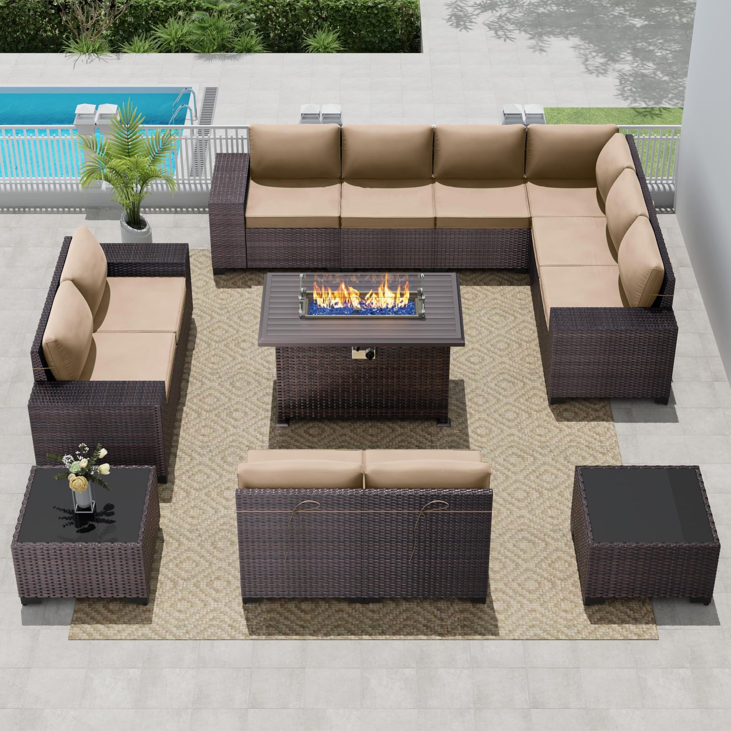 13 PCS Outdoor Patio Furniture Set,Outdoor Sectional Furniture with 43" 55000 BTU Gas Propane Fire Pit Table,All Weather PE Rattan Wicker Patio Conversation Set,Navy Blue