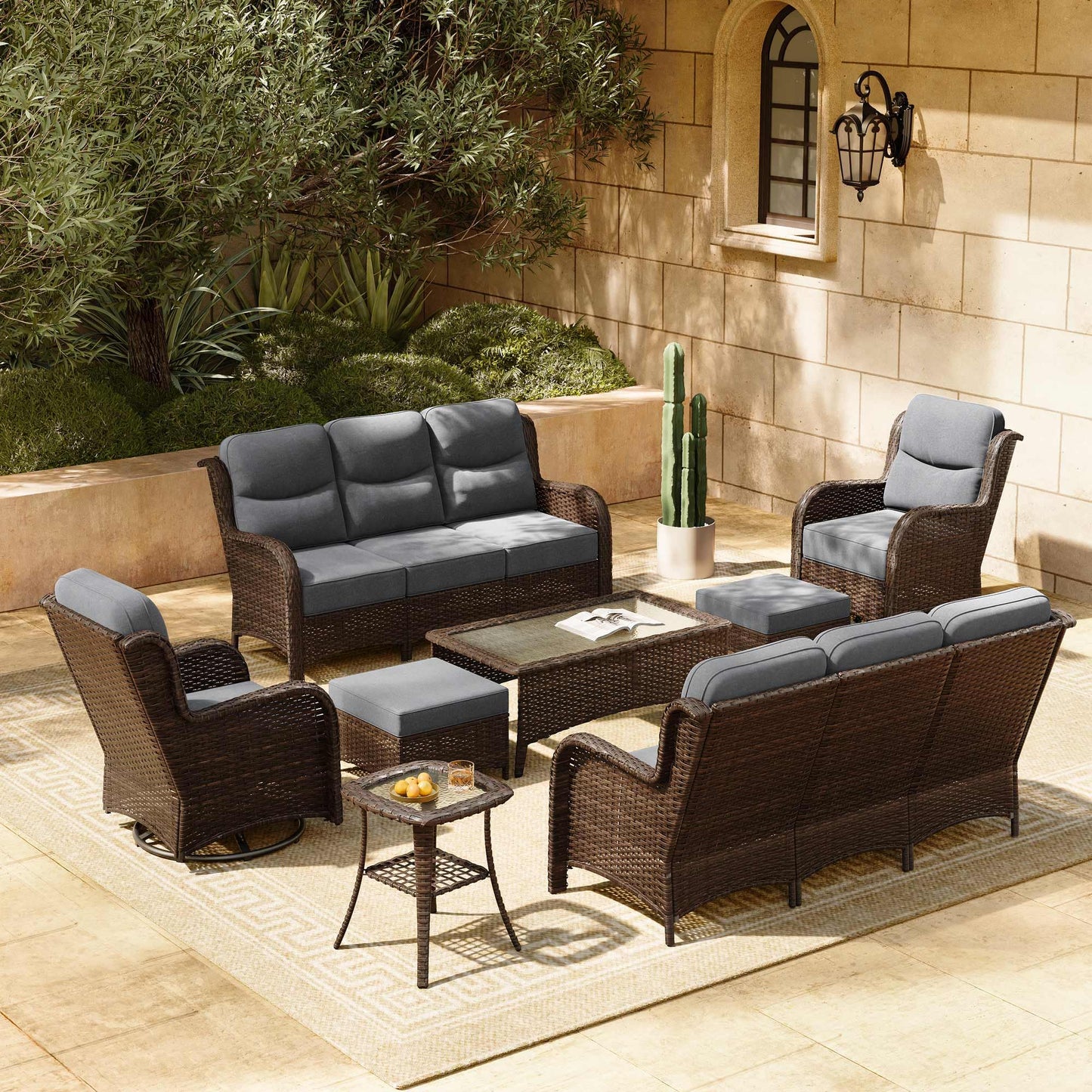 HILLGA 7-Piece Luxury Patio Furniture Set with 6" Thick Cushions, Weather-Resistant Wicker High Back Swivel Rocker Chairs, Senior-Friendly Outdoor Sofa Set for Large Deck, Yard and Poolside, Beige(V2)