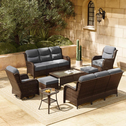 HILLGA 7-Piece Luxury Patio Furniture Set with 6" Thick Cushions, Weather-Resistant Wicker High Back Swivel Rocker Chairs, Senior-Friendly Outdoor Sofa Set for Large Deck, Yard and Poolside, Beige(V2)