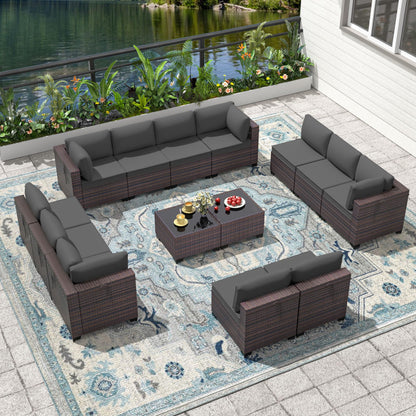 13 PCS Outdoor Patio Furniture Set,Outdoor Sectional Furniture with 43" 55000 BTU Gas Propane Fire Pit Table,All Weather PE Rattan Wicker Patio Conversation Set,Navy Blue