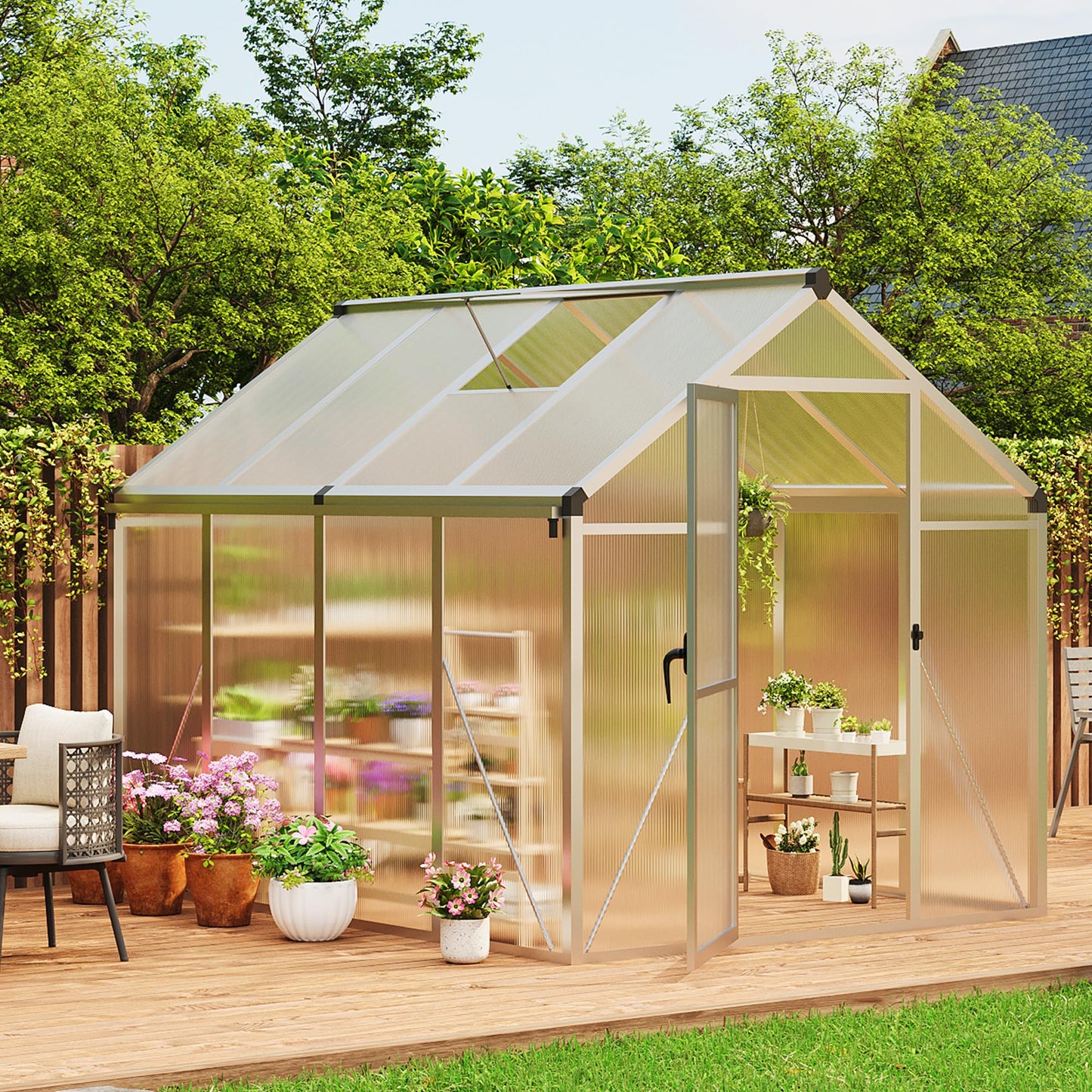 IDEALHOUSE 8×10 FT Greenhouse, Large Walk in Greenhouses for Outdoors and Garden Planting, Polycarbonate Greenhouse with Enhanced Aluminum Frame, Green Houses with Quick Setup Structure and Roof Vent