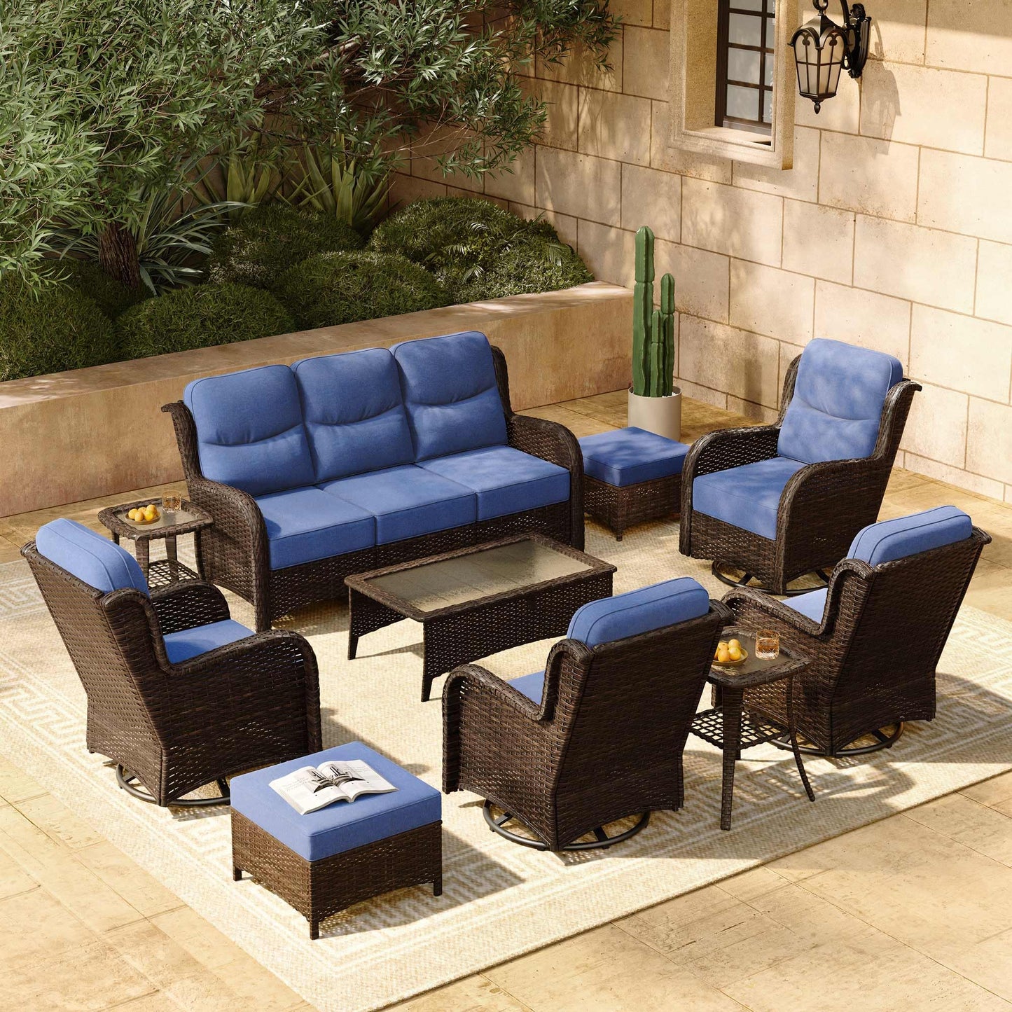 HILLGA 7-Piece Luxury Patio Furniture Set with 6" Thick Cushions, Weather-Resistant Wicker High Back Swivel Rocker Chairs, Senior-Friendly Outdoor Sofa Set for Large Deck, Yard and Poolside, Beige(V2)