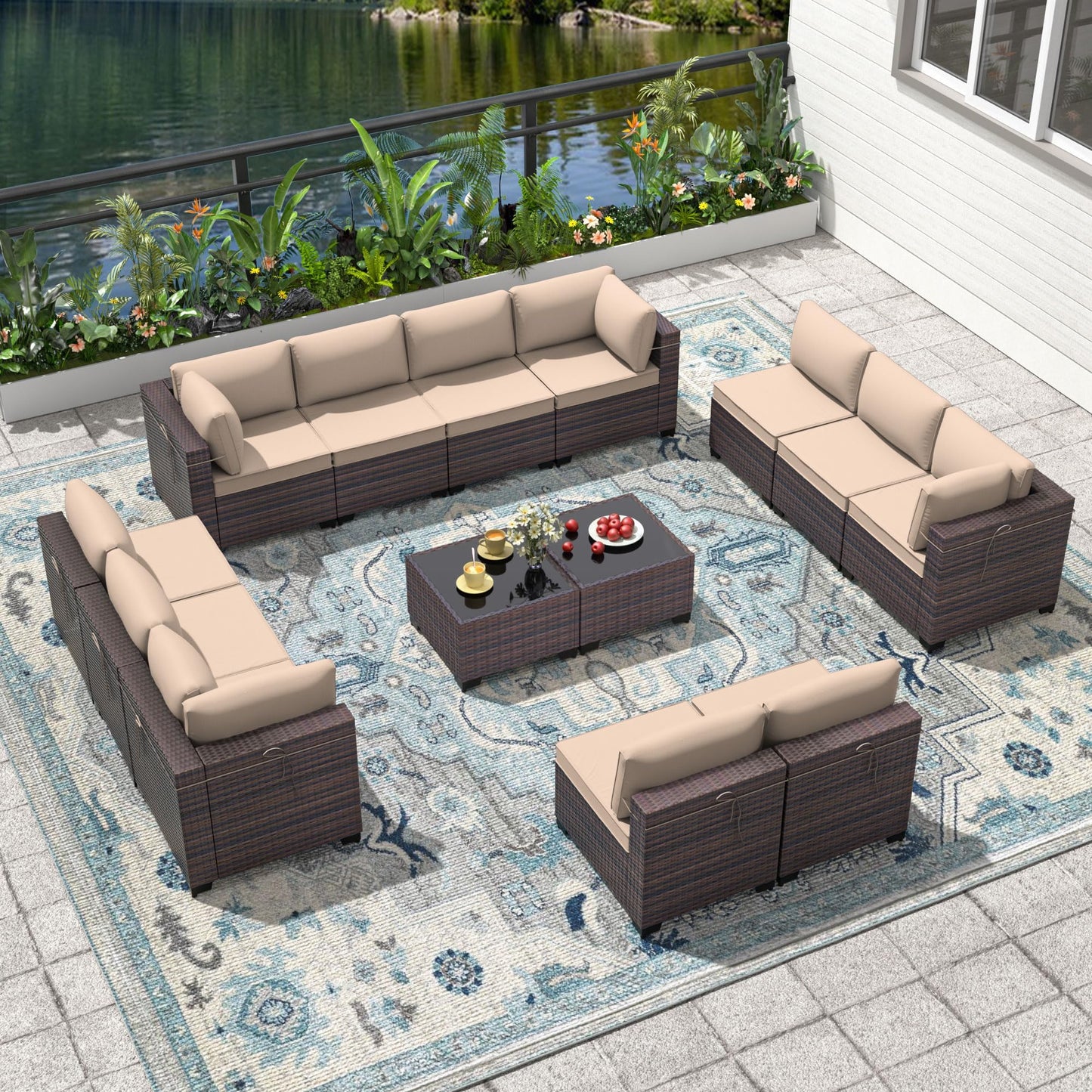 13 PCS Outdoor Patio Furniture Set,Outdoor Sectional Furniture with 43" 55000 BTU Gas Propane Fire Pit Table,All Weather PE Rattan Wicker Patio Conversation Set,Navy Blue