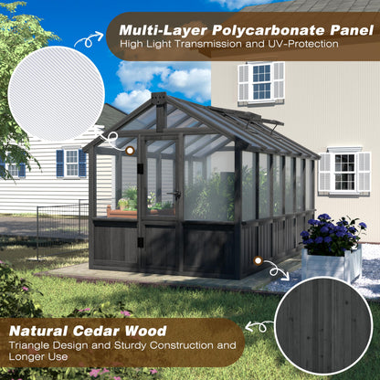 Yardenaler 8x16 FT Greenhouse for Outdoor, 6MM Thick Polycarbonate Panel Wooden Walk-in Green House with Adjustable Roof Vents and Lockable Door, Backyard Garden, Light Mocha Brown