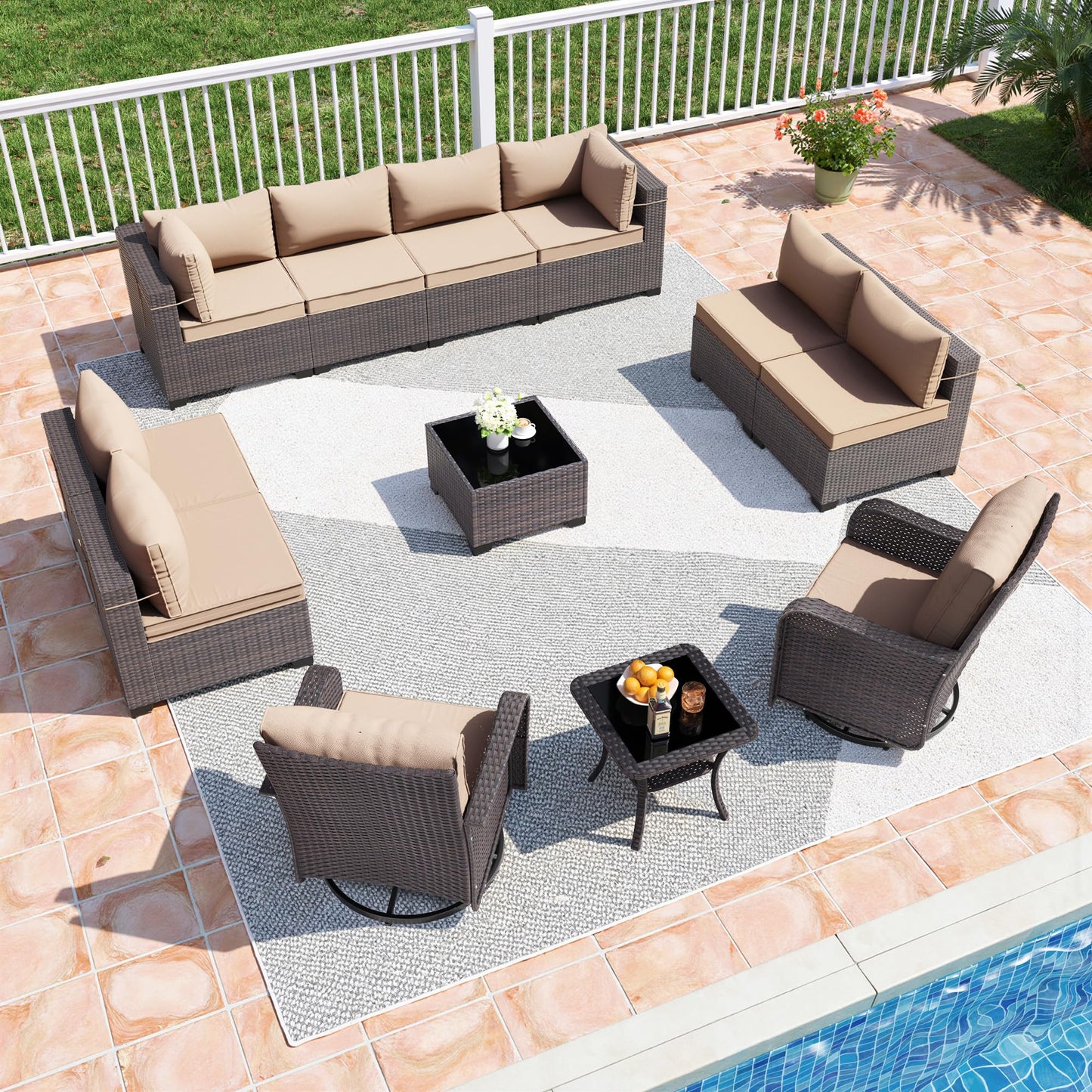 13 PCS Outdoor Patio Furniture Set,Outdoor Sectional Furniture with 43" 55000 BTU Gas Propane Fire Pit Table,All Weather PE Rattan Wicker Patio Conversation Set,Navy Blue