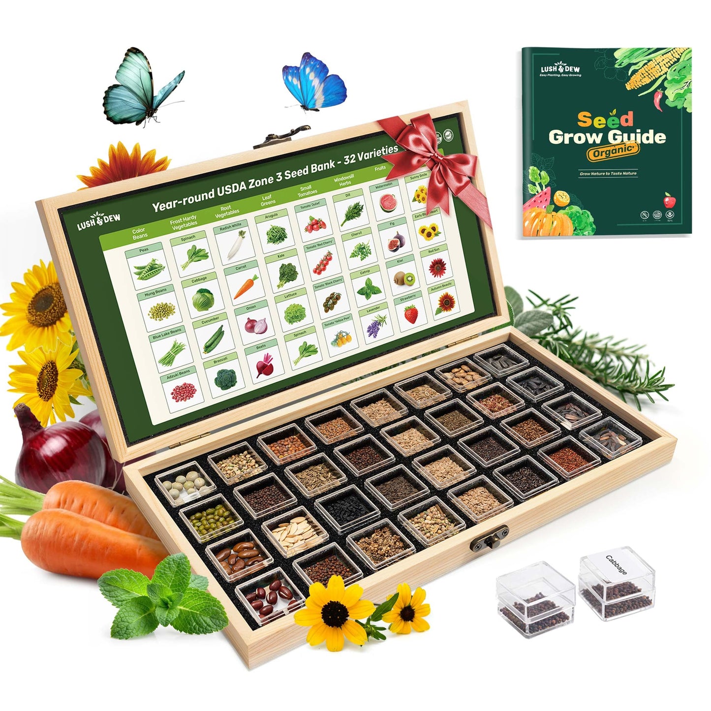 Lush&Dew Year-Round USDA Zone 9 Seed Bank, Gardening Gifts for Women Men, 32 Varieties Non-GMO Heirloom Seeds of Vegetables Herbs Fruits, Gift for Mom Dad, Survival Seed Kit for Raised Garden Beds