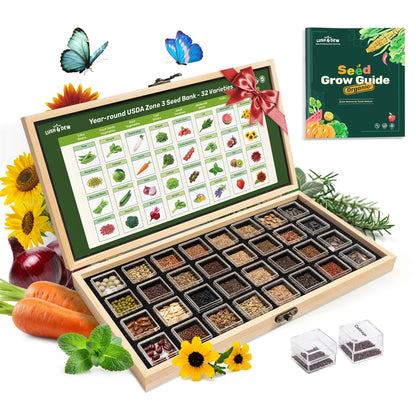Lush&Dew Year-Round USDA Zone 9 Seed Bank, Gardening Gifts for Women Men, 32 Varieties Non-GMO Heirloom Seeds of Vegetables Herbs Fruits, Gift for Mom Dad, Survival Seed Kit for Raised Garden Beds