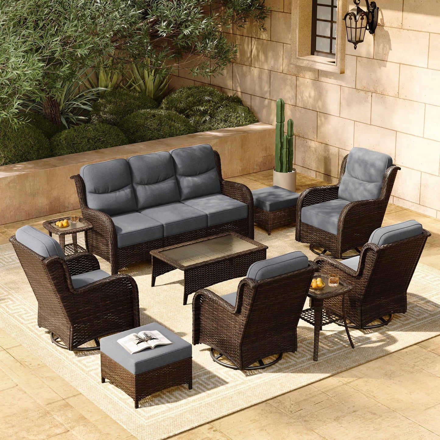 HILLGA 7-Piece Luxury Patio Furniture Set with 6" Thick Cushions, Weather-Resistant Wicker High Back Swivel Rocker Chairs, Senior-Friendly Outdoor Sofa Set for Large Deck, Yard and Poolside, Beige(V2)