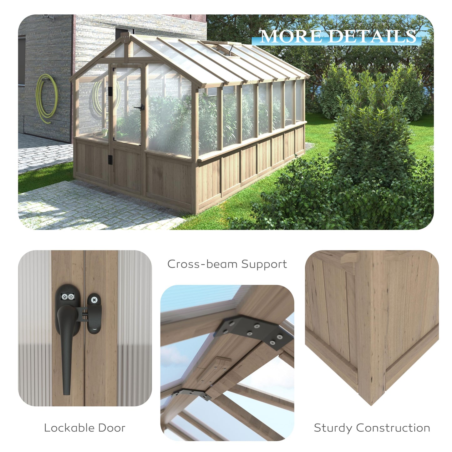 Yardenaler 8x16 FT Greenhouse for Outdoor, 6MM Thick Polycarbonate Panel Wooden Walk-in Green House with Adjustable Roof Vents and Lockable Door, Backyard Garden, Light Mocha Brown