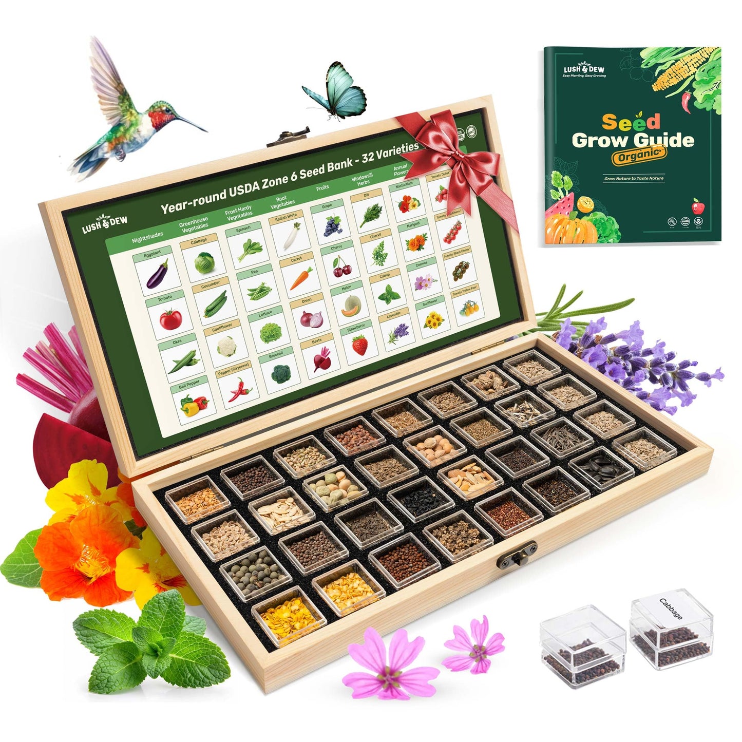 Lush&Dew Year-Round USDA Zone 9 Seed Bank, Gardening Gifts for Women Men, 32 Varieties Non-GMO Heirloom Seeds of Vegetables Herbs Fruits, Gift for Mom Dad, Survival Seed Kit for Raised Garden Beds