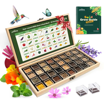 Lush&Dew Year-Round USDA Zone 9 Seed Bank, Gardening Gifts for Women Men, 32 Varieties Non-GMO Heirloom Seeds of Vegetables Herbs Fruits, Gift for Mom Dad, Survival Seed Kit for Raised Garden Beds