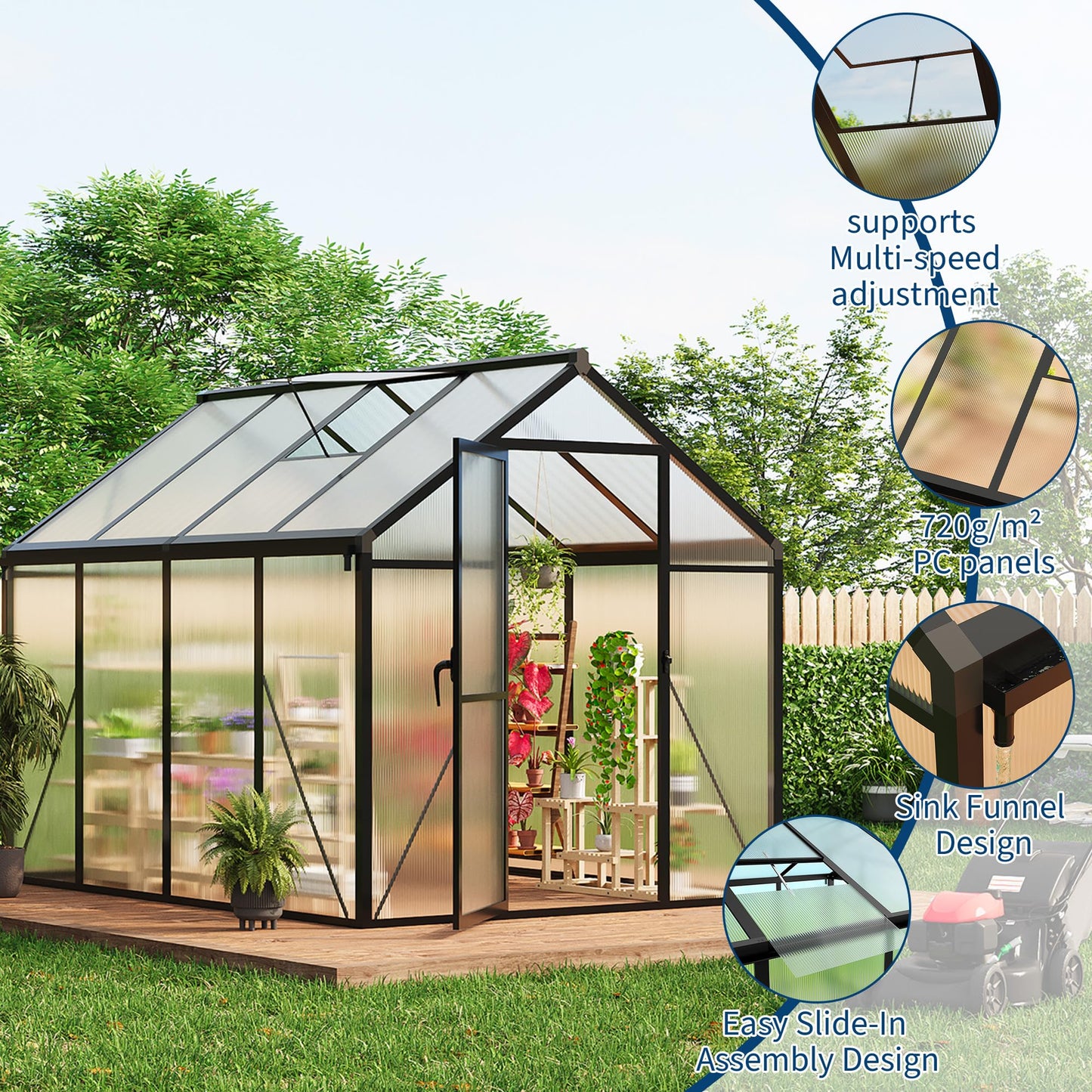 IDEALHOUSE 8×10 FT Greenhouse, Large Walk in Greenhouses for Outdoors and Garden Planting, Polycarbonate Greenhouse with Enhanced Aluminum Frame, Green Houses with Quick Setup Structure and Roof Vent