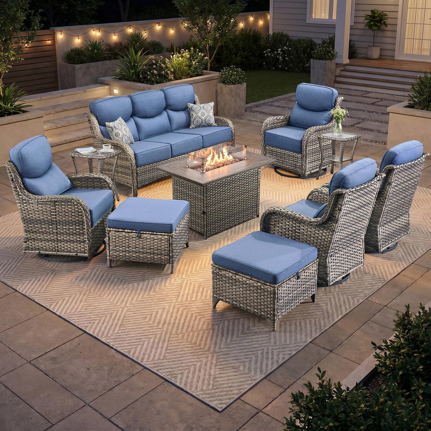 Luxury Patio Furniture Set with 6-inch Thick Cushion, Outdoor Furniture with Fire Pit Table, Swivel Chairs, Sofa, Side Table, Ottomans, 9pcs Wicker Conversation Set(Brown Wicker | Grey Cushion)