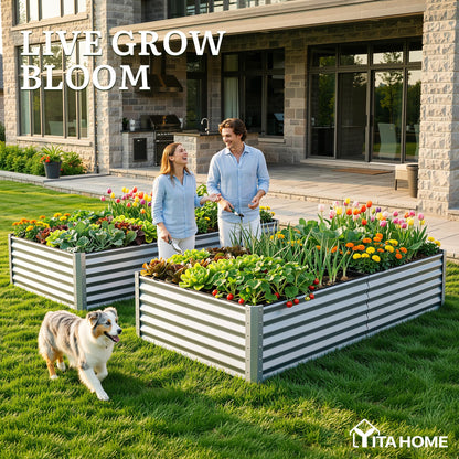 YITAHOME 8x4x1.5ft 2pcs Large Raised Garden Bed Kit, Galvanized Metal Planter Box with Gloves, Outdoor Above Ground Planters for Plants Vegetables Flowers, Silver