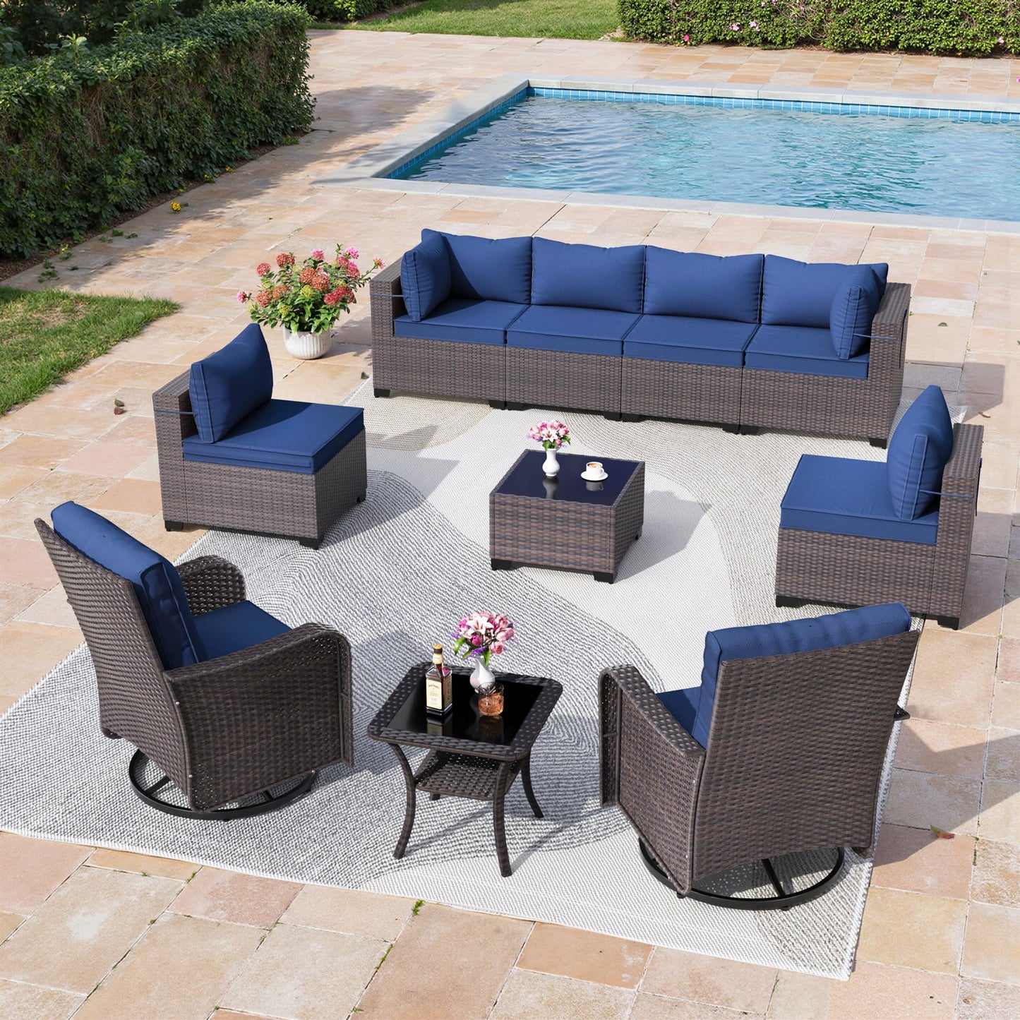 13 PCS Outdoor Patio Furniture Set,Outdoor Sectional Furniture with 43" 55000 BTU Gas Propane Fire Pit Table,All Weather PE Rattan Wicker Patio Conversation Set,Navy Blue