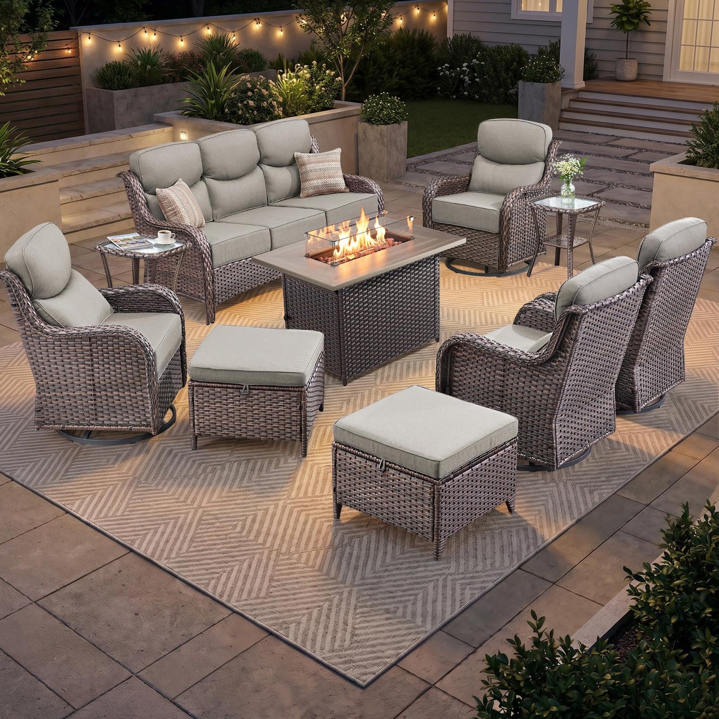 Luxury Patio Furniture Set with 6-inch Thick Cushion, Outdoor Furniture with Fire Pit Table, Swivel Chairs, Sofa, Side Table, Ottomans, 9pcs Wicker Conversation Set(Brown Wicker | Grey Cushion)
