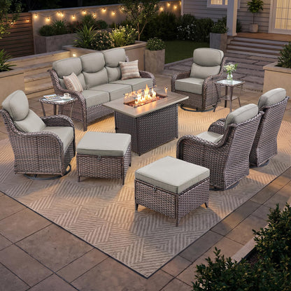 Luxury Patio Furniture Set with 6-inch Thick Cushion, Outdoor Furniture with Fire Pit Table, Swivel Chairs, Sofa, Side Table, Ottomans, 9pcs Wicker Conversation Set(Brown Wicker | Grey Cushion)