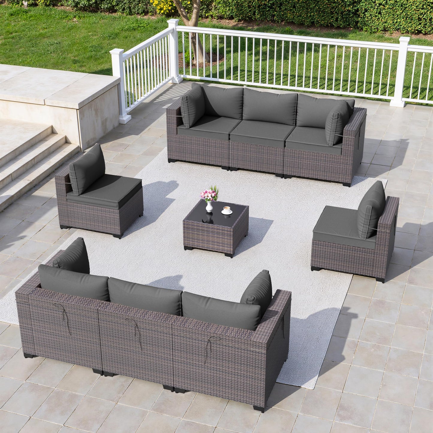 13 PCS Outdoor Patio Furniture Set,Outdoor Sectional Furniture with 43" 55000 BTU Gas Propane Fire Pit Table,All Weather PE Rattan Wicker Patio Conversation Set,Navy Blue