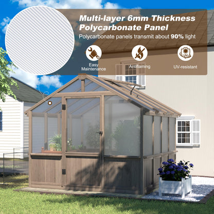 Yardenaler 8x16 FT Greenhouse for Outdoor, 6MM Thick Polycarbonate Panel Wooden Walk-in Green House with Adjustable Roof Vents and Lockable Door, Backyard Garden, Light Mocha Brown