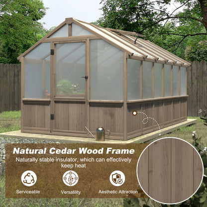 Yardenaler 8x16 FT Greenhouse for Outdoor, 6MM Thick Polycarbonate Panel Wooden Walk-in Green House with Adjustable Roof Vents and Lockable Door, Backyard Garden, Light Mocha Brown