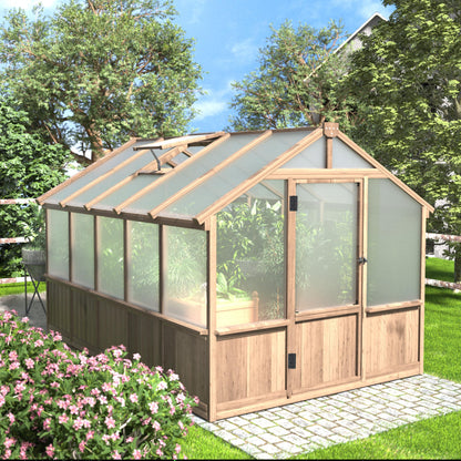Yardenaler 8x16 FT Greenhouse for Outdoor, 6MM Thick Polycarbonate Panel Wooden Walk-in Green House with Adjustable Roof Vents and Lockable Door, Backyard Garden, Light Mocha Brown