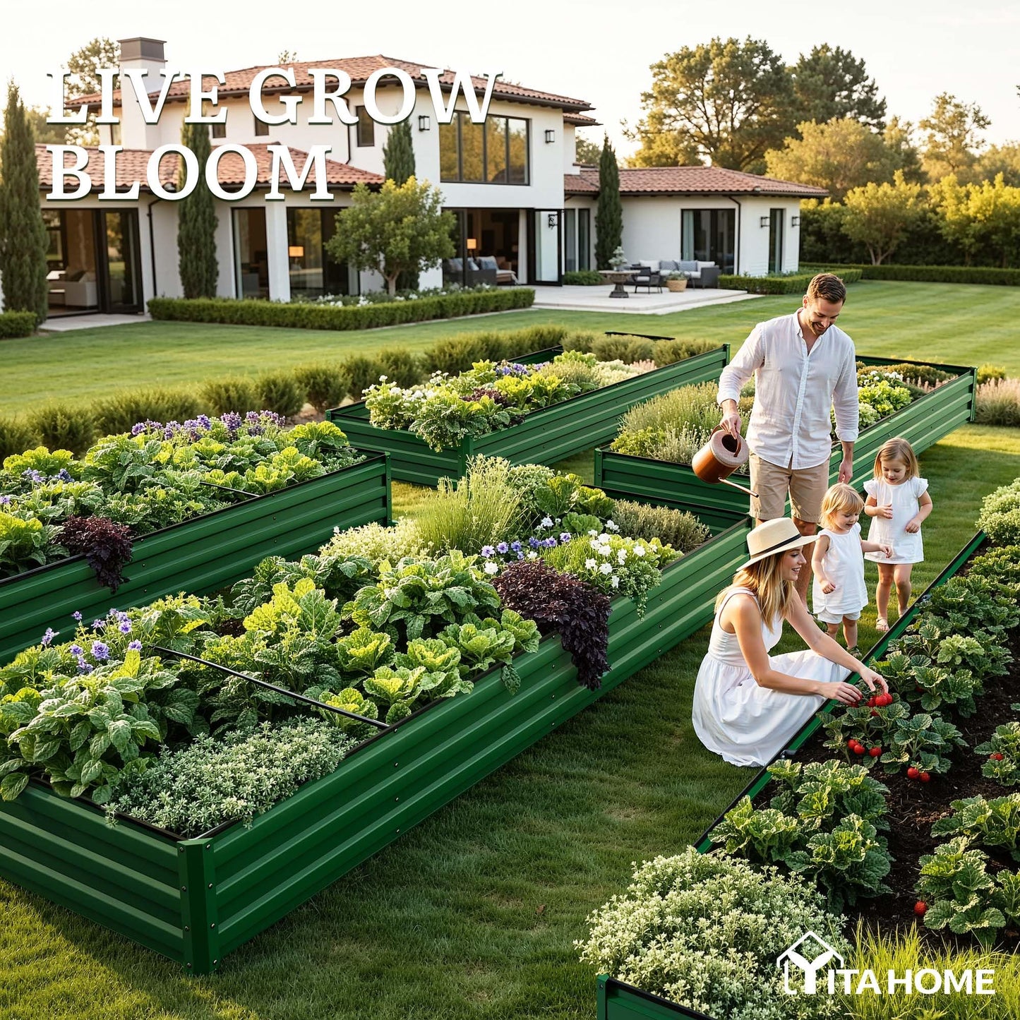 YITAHOME 6pcs 8x4x2 ft Galvanized Raised Garden Bed Kit, Large Metal Planter Box with Gloves, Safety Rubber & Support Rod, Outdoor Flower Bed for Plants Vegetables, Green