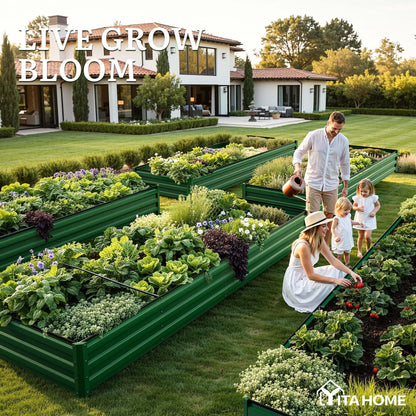YITAHOME 6pcs 8x4x2 ft Galvanized Raised Garden Bed Kit, Large Metal Planter Box with Gloves, Safety Rubber & Support Rod, Outdoor Flower Bed for Plants Vegetables, Green