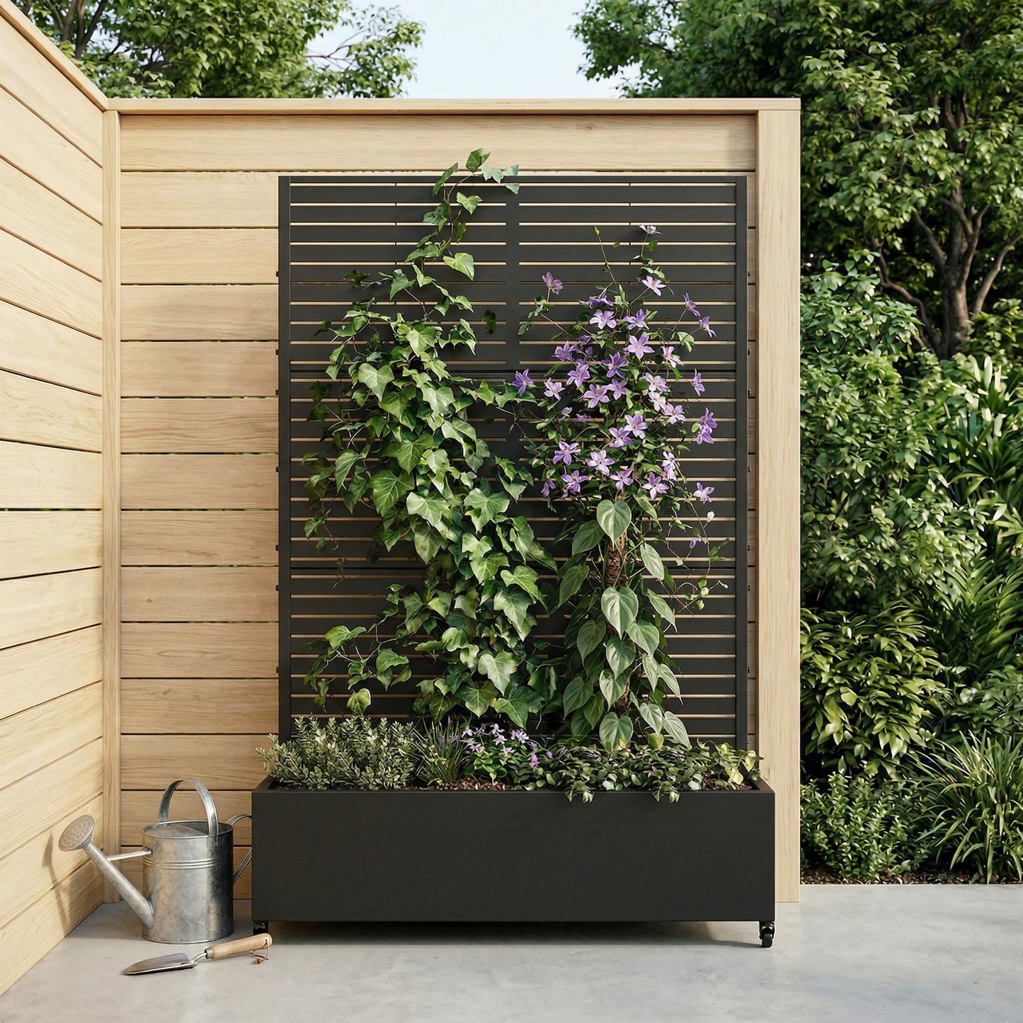 72" H Metal Raised Garden Bed with Trellis and Wheels, Privacy Screen Outdoor Planter Box with Decor Leaf Pattern, Large Mobile Vertical Planter for Patio, Balcony & Backyard