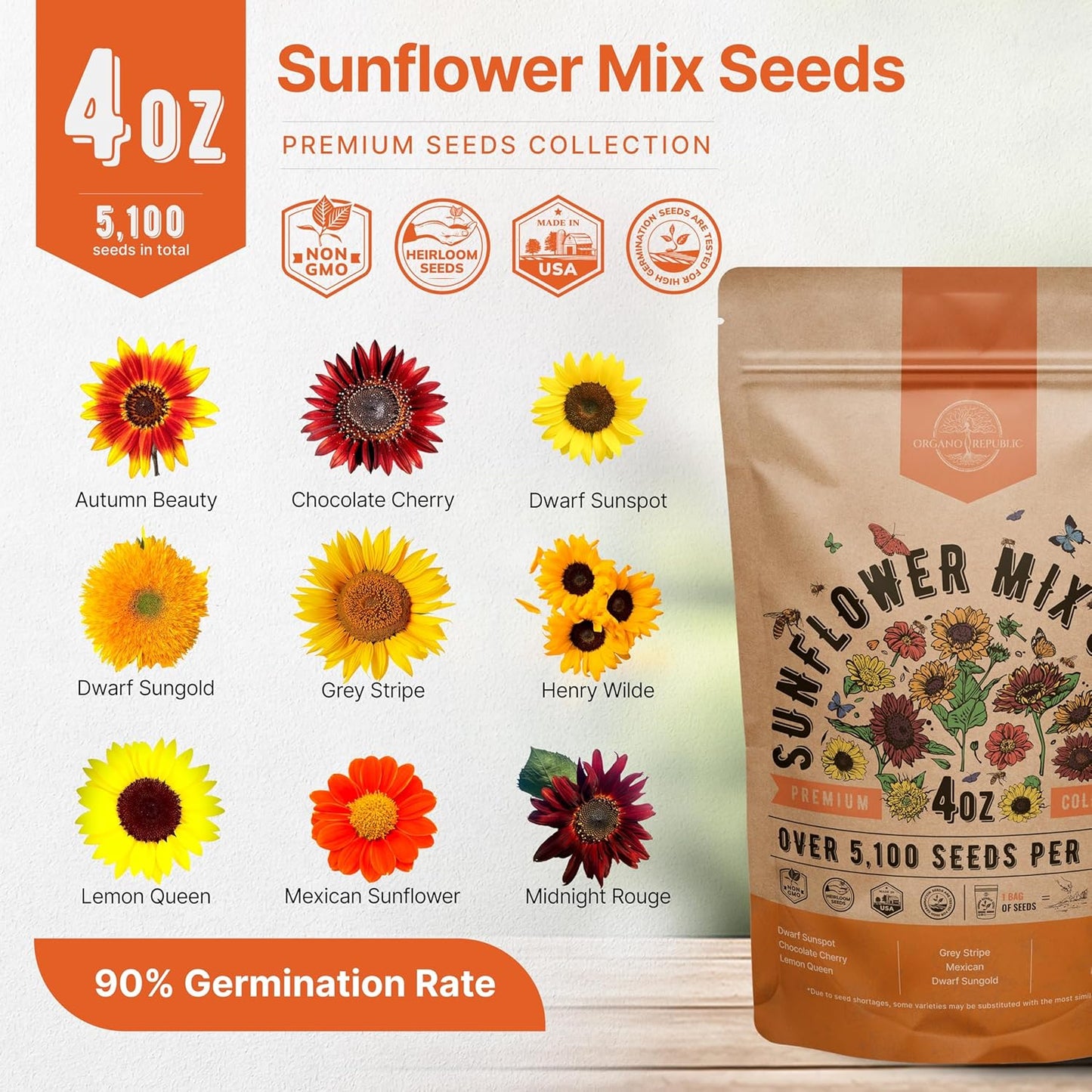 Sunflower Mix Seeds Pack 8 oz - Over 10,300 Non-GMO Heirloom Sunflower Seeds for Planting, Annual Flowers in Individual Seed Packet for Planting Home Garden Indoor & Outdoor Gardening