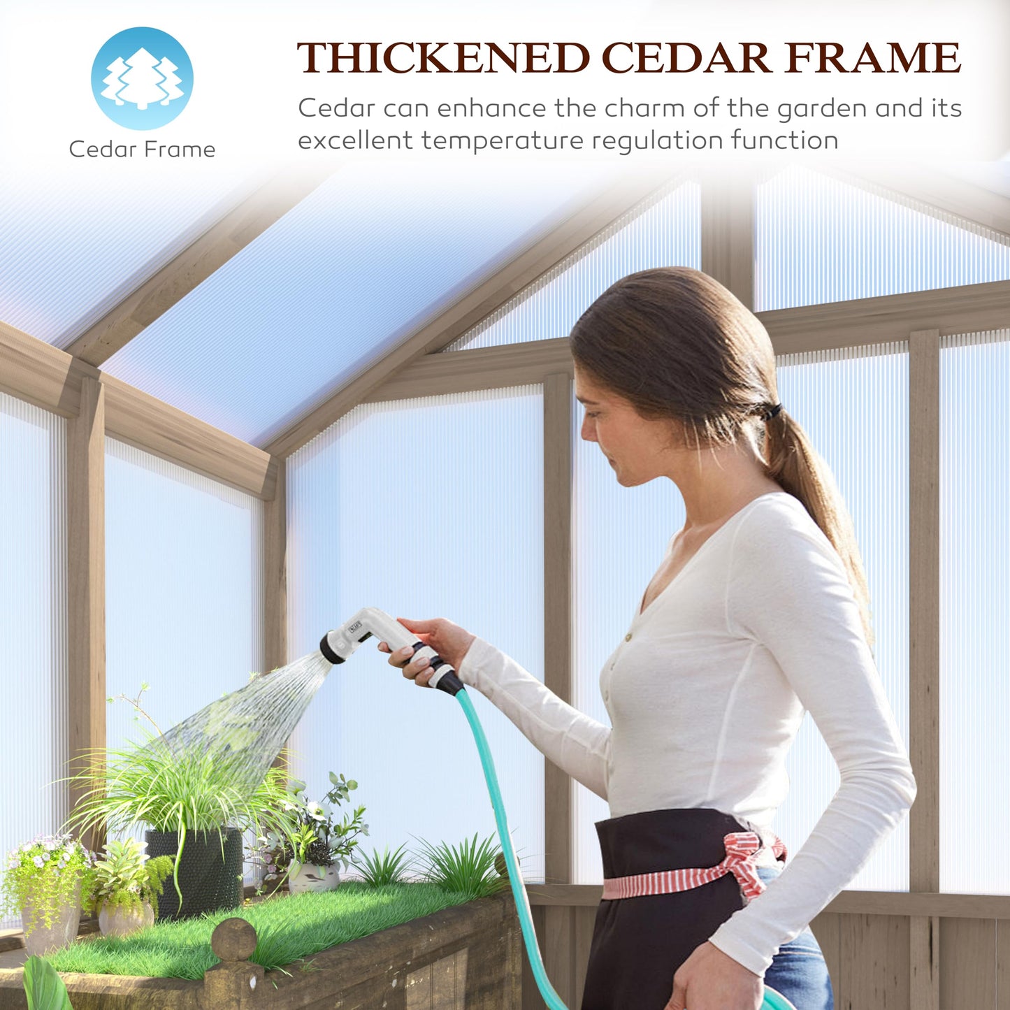 Yardenaler 8x16 FT Greenhouse for Outdoor, 6MM Thick Polycarbonate Panel Wooden Walk-in Green House with Adjustable Roof Vents and Lockable Door, Backyard Garden, Light Mocha Brown