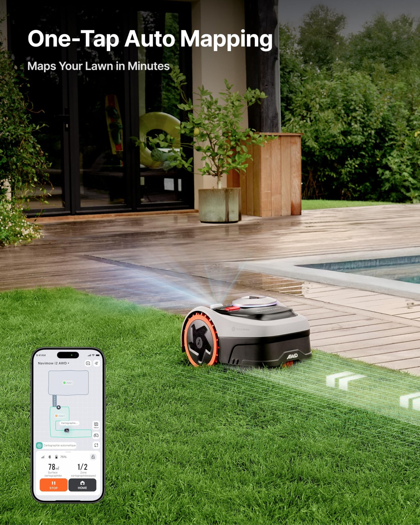 Segway Navimow i110N Robot Lawn Mower Perimeter Wire Free 1/4 Acre RTK+Vision Robotic Lawnmower, AI-Assisted Mapping, Virtual Boundary, APP Control, 58dB(A) Quiet, Multi-Zone Management