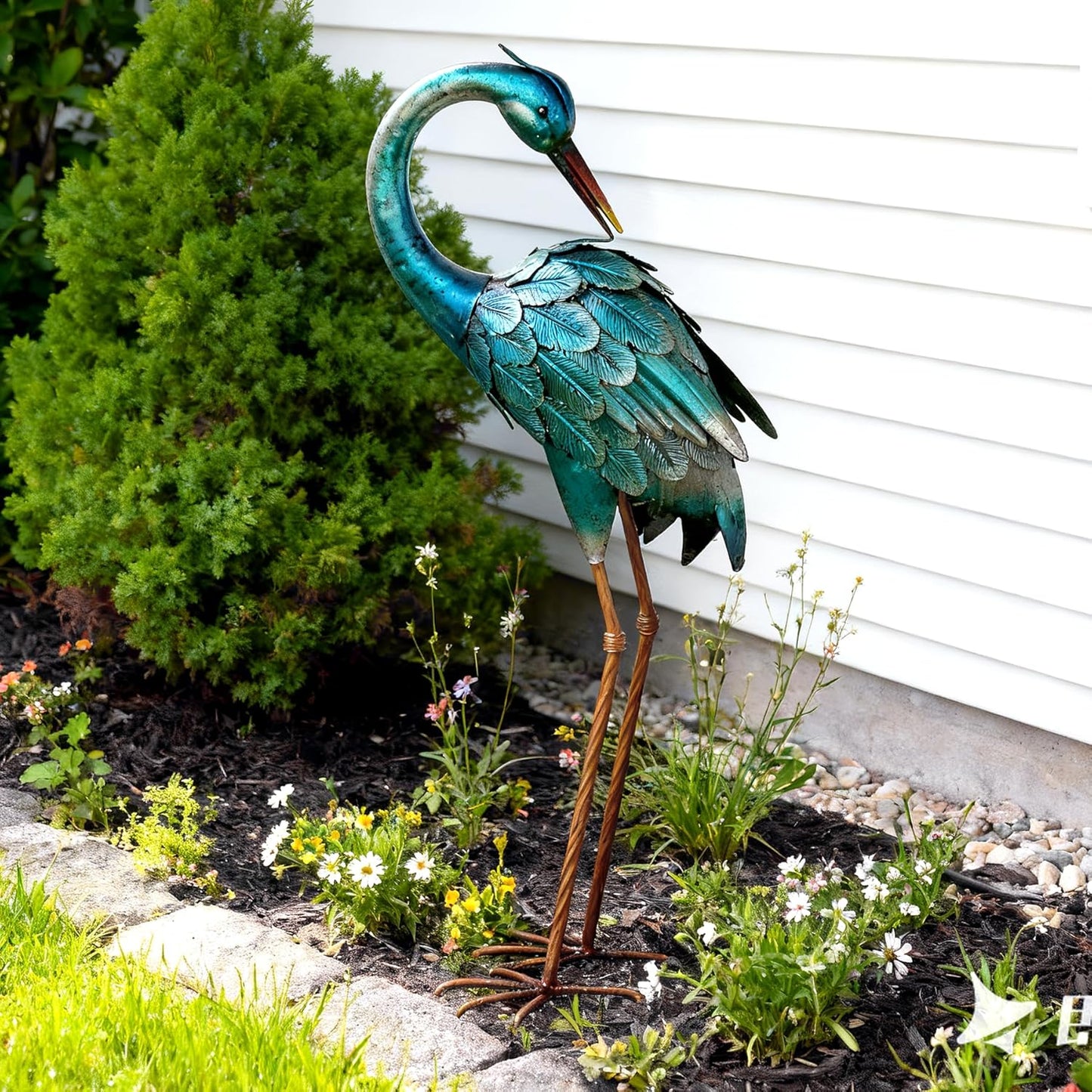 chisheen Crane Garden Statues, Metal Garden Crane Outdoor, Blue Heron Sculpture Metal Yard Art, Large Heron Decoy, Bird Statues, Lawn Ornaments for Backyard Pond Patio Porch Outside Decorations