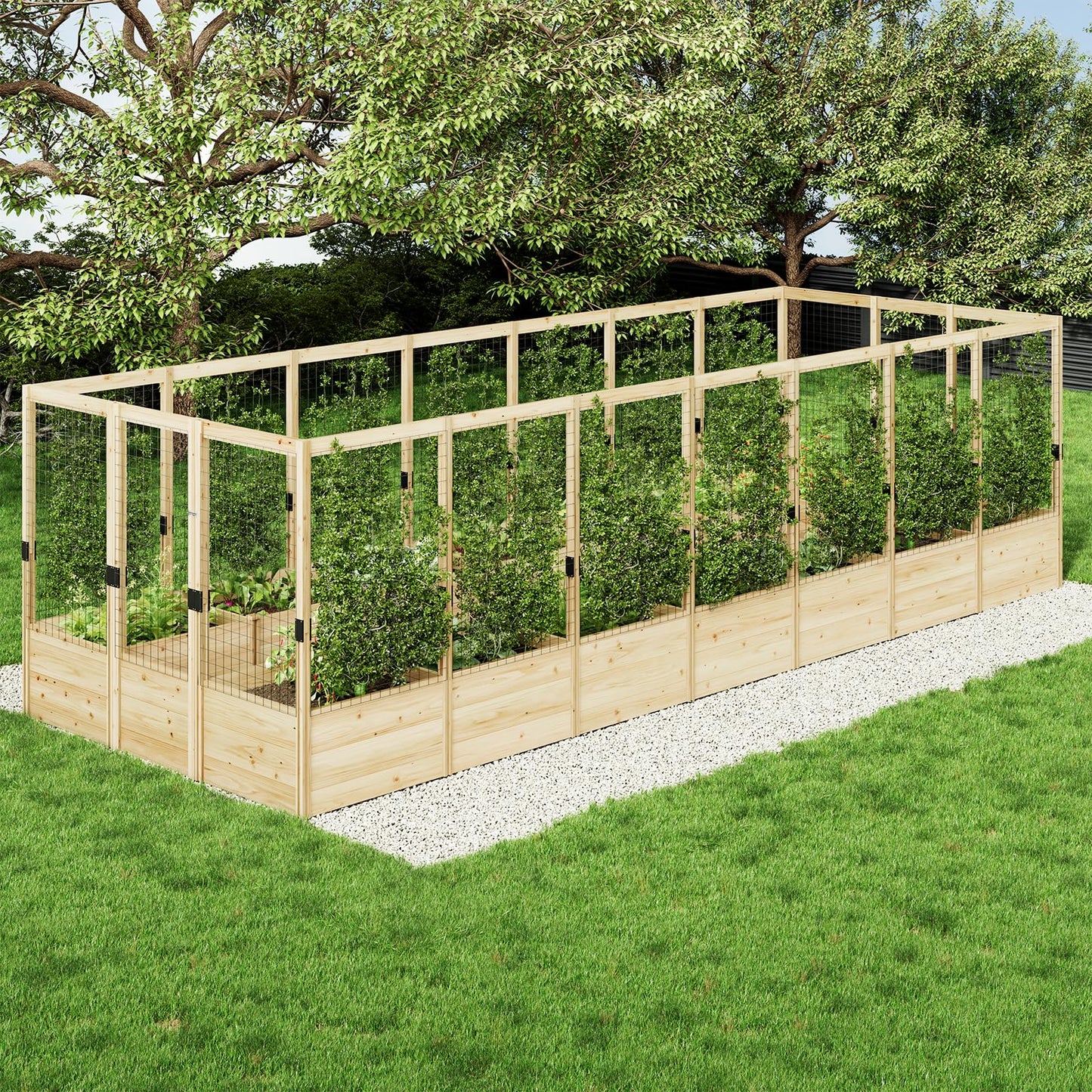 AMERLIFE Raised Garden Bed with Deer Proof Fence, 7.5Wx17Dx6H Outdoor Wooden Raised Garden Bed Planter with 19" Depth Planter Box