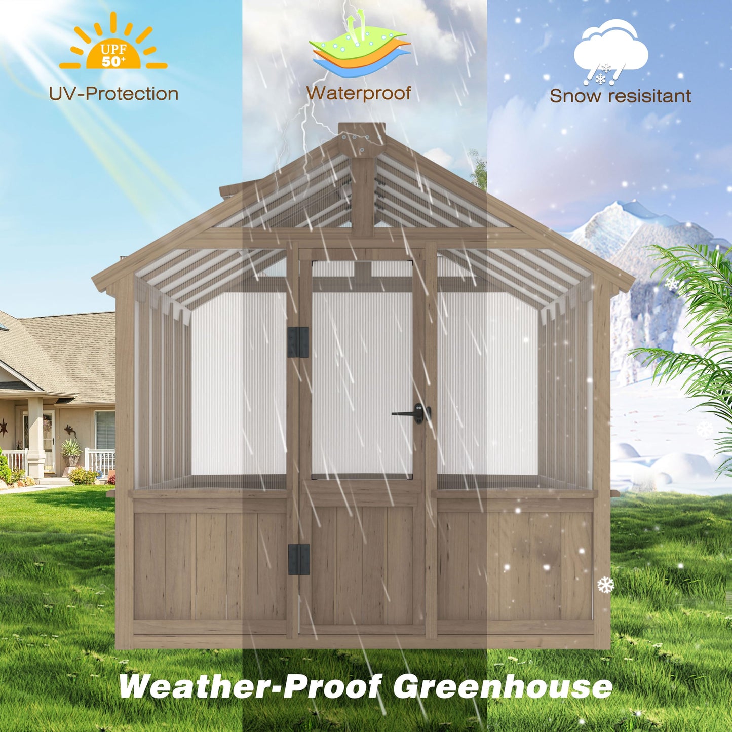 Yardenaler 8x16 FT Greenhouse for Outdoor, 6MM Thick Polycarbonate Panel Wooden Walk-in Green House with Adjustable Roof Vents and Lockable Door, Backyard Garden, Light Mocha Brown