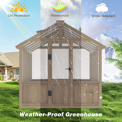 Yardenaler 8x16 FT Greenhouse for Outdoor, 6MM Thick Polycarbonate Panel Wooden Walk-in Green House with Adjustable Roof Vents and Lockable Door, Backyard Garden, Light Mocha Brown
