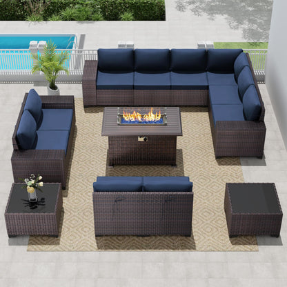 13 PCS Outdoor Patio Furniture Set,Outdoor Sectional Furniture with 43" 55000 BTU Gas Propane Fire Pit Table,All Weather PE Rattan Wicker Patio Conversation Set,Navy Blue