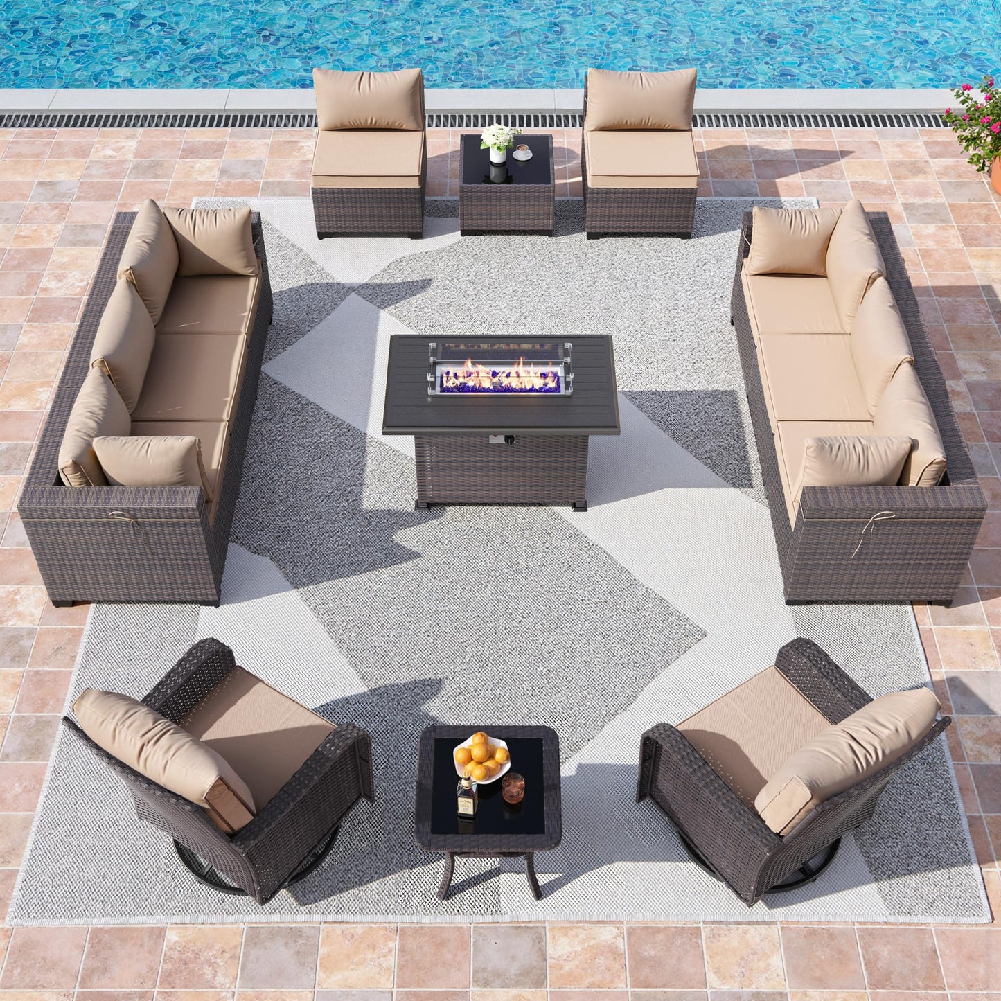 13 PCS Outdoor Patio Furniture Set,Outdoor Sectional Furniture with 43" 55000 BTU Gas Propane Fire Pit Table,All Weather PE Rattan Wicker Patio Conversation Set,Navy Blue