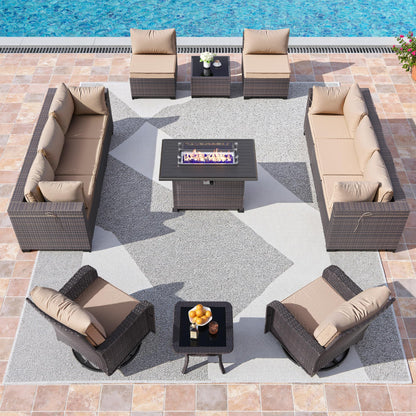 13 PCS Outdoor Patio Furniture Set,Outdoor Sectional Furniture with 43" 55000 BTU Gas Propane Fire Pit Table,All Weather PE Rattan Wicker Patio Conversation Set,Navy Blue