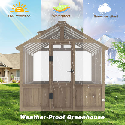 Yardenaler 8x16 FT Greenhouse for Outdoor, 6MM Thick Polycarbonate Panel Wooden Walk-in Green House with Adjustable Roof Vents and Lockable Door, Backyard Garden, Light Mocha Brown