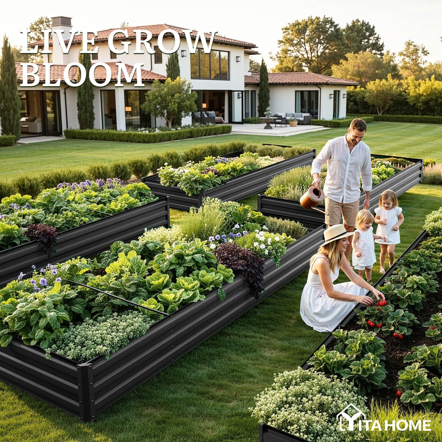 YITAHOME 6pcs 8x4x2 ft Galvanized Raised Garden Bed Kit, Large Metal Planter Box with Gloves, Safety Rubber & Support Rod, Outdoor Flower Bed for Plants Vegetables, Green