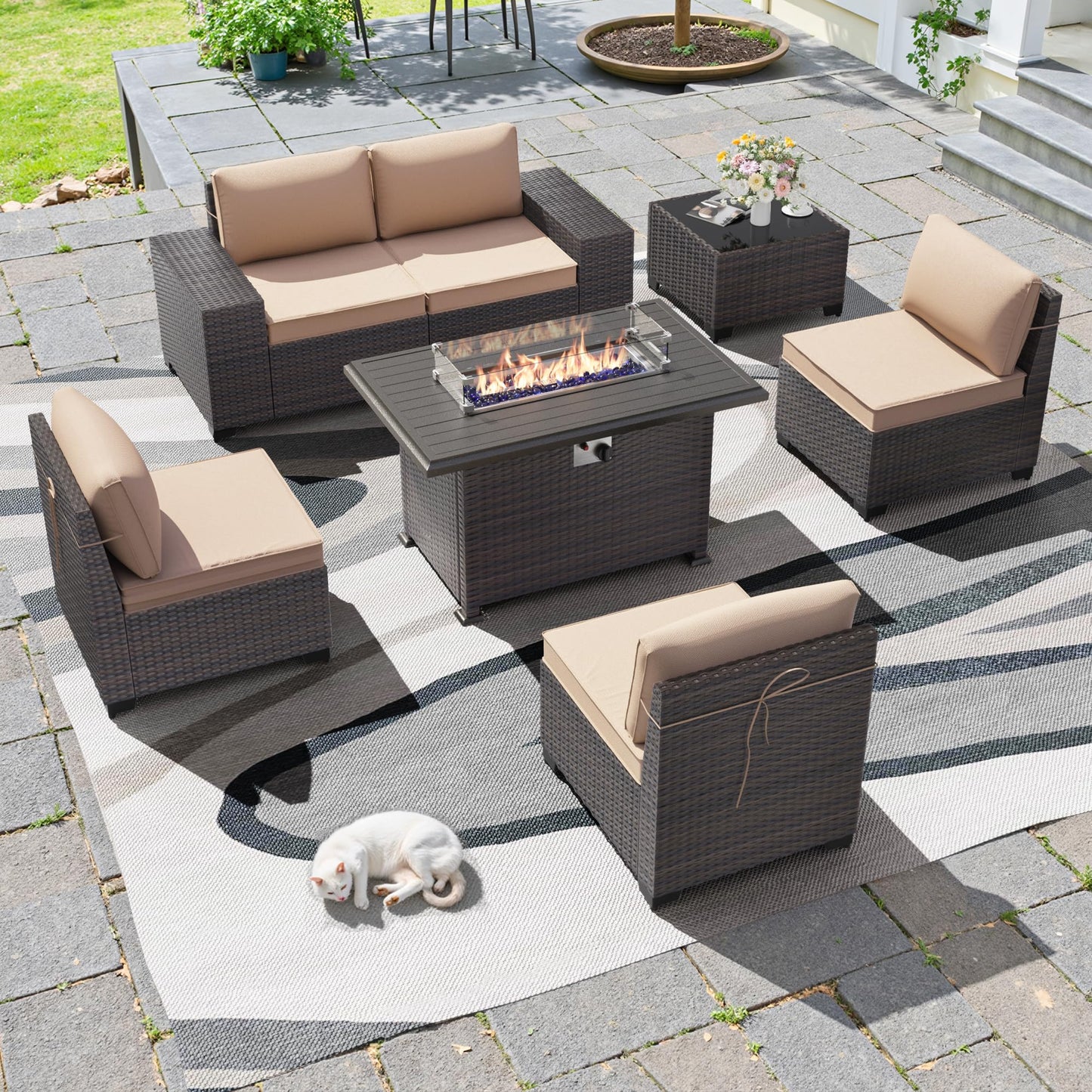 13 PCS Outdoor Patio Furniture Set,Outdoor Sectional Furniture with 43" 55000 BTU Gas Propane Fire Pit Table,All Weather PE Rattan Wicker Patio Conversation Set,Navy Blue