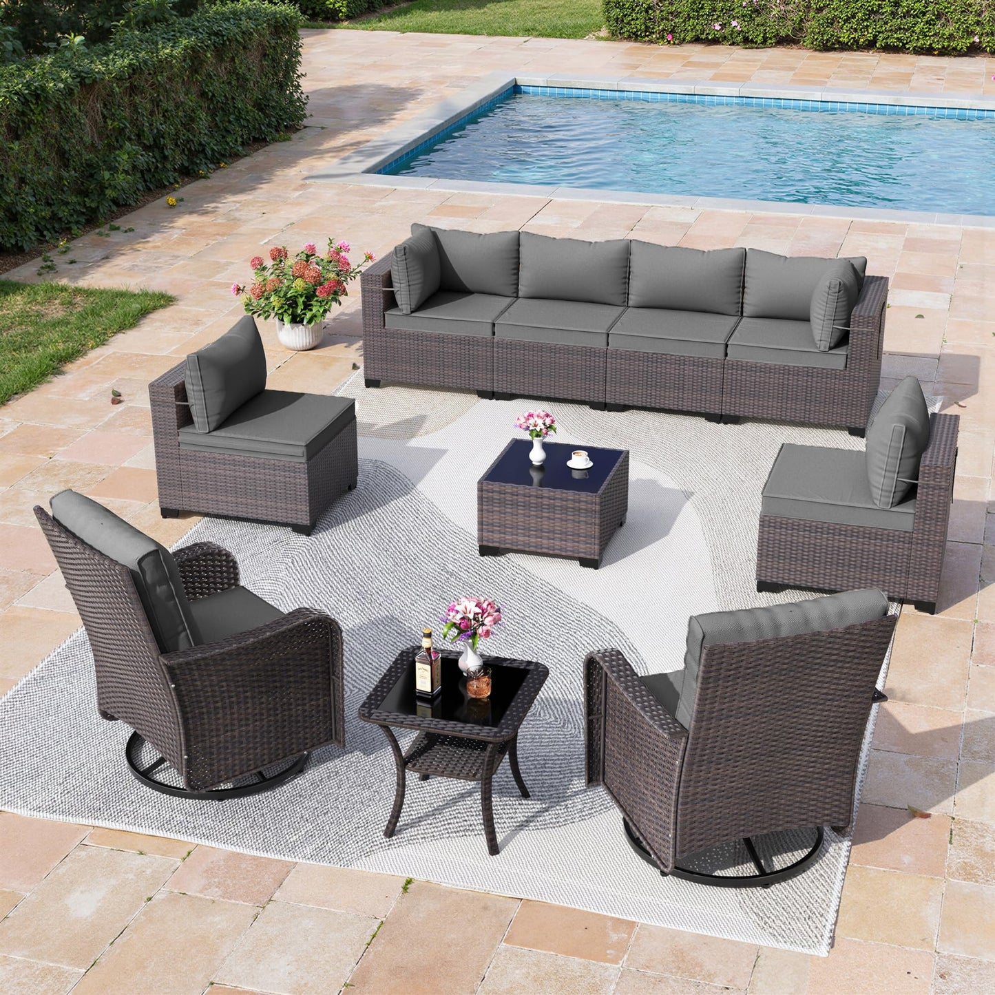 13 PCS Outdoor Patio Furniture Set,Outdoor Sectional Furniture with 43" 55000 BTU Gas Propane Fire Pit Table,All Weather PE Rattan Wicker Patio Conversation Set,Navy Blue