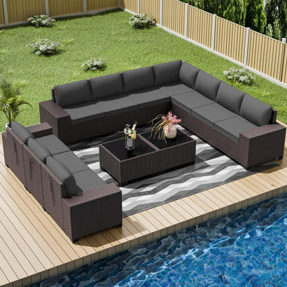 13 PCS Outdoor Patio Furniture Set,Outdoor Sectional Furniture with 43" 55000 BTU Gas Propane Fire Pit Table,All Weather PE Rattan Wicker Patio Conversation Set,Navy Blue