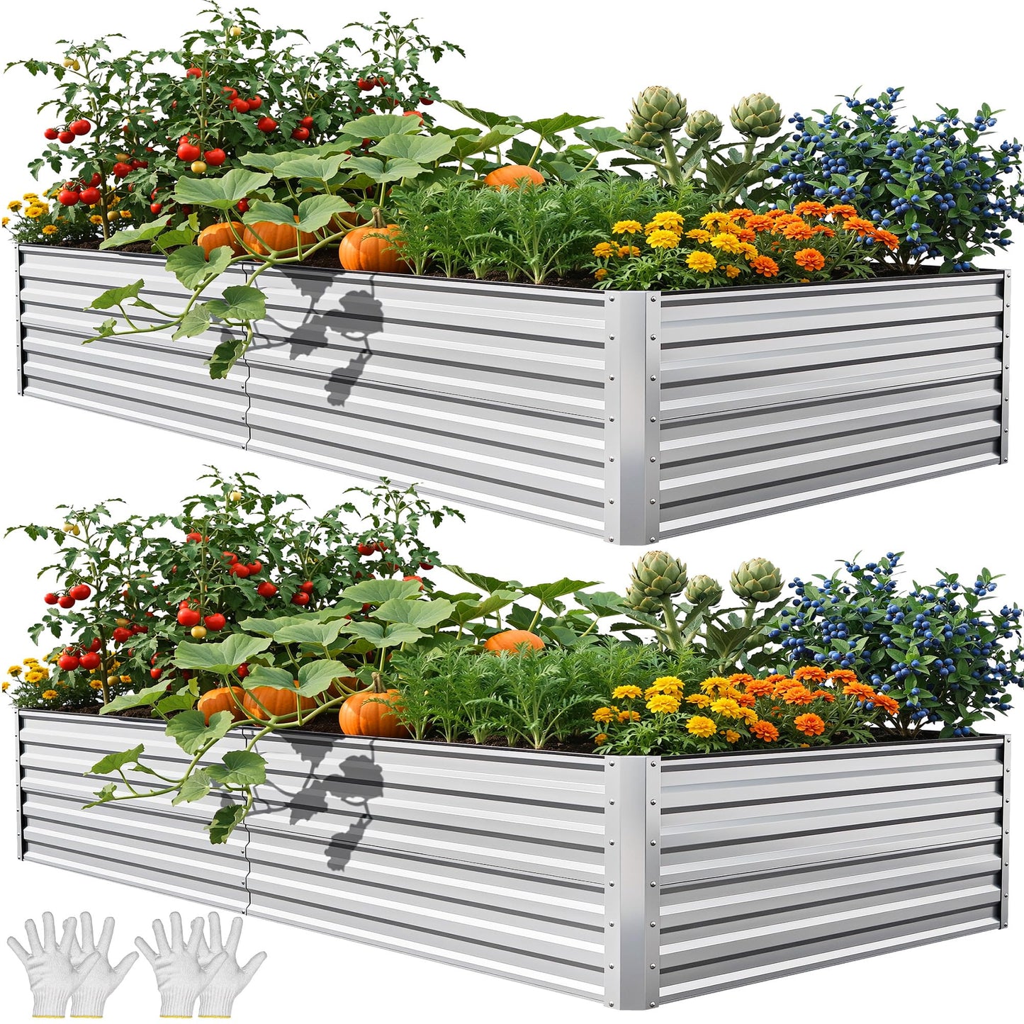 YITAHOME 8x4x1.5ft 2pcs Large Raised Garden Bed Kit, Galvanized Metal Planter Box with Gloves, Outdoor Above Ground Planters for Plants Vegetables Flowers, Silver