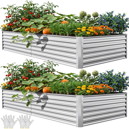 YITAHOME 8x4x1.5ft 2pcs Large Raised Garden Bed Kit, Galvanized Metal Planter Box with Gloves, Outdoor Above Ground Planters for Plants Vegetables Flowers, Silver