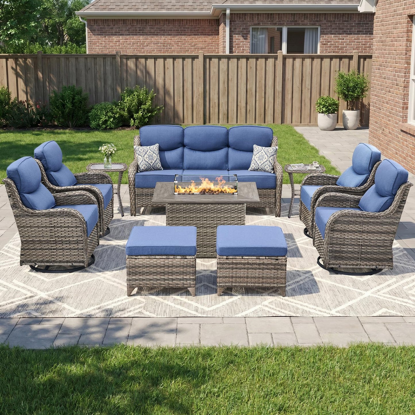 Luxury Patio Furniture Set with 6-inch Thick Cushion, Outdoor Furniture with Fire Pit Table, Swivel Chairs, Sofa, Side Table, Ottomans, 9pcs Wicker Conversation Set(Brown Wicker | Grey Cushion)