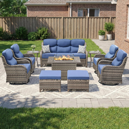 Luxury Patio Furniture Set with 6-inch Thick Cushion, Outdoor Furniture with Fire Pit Table, Swivel Chairs, Sofa, Side Table, Ottomans, 9pcs Wicker Conversation Set(Brown Wicker | Grey Cushion)